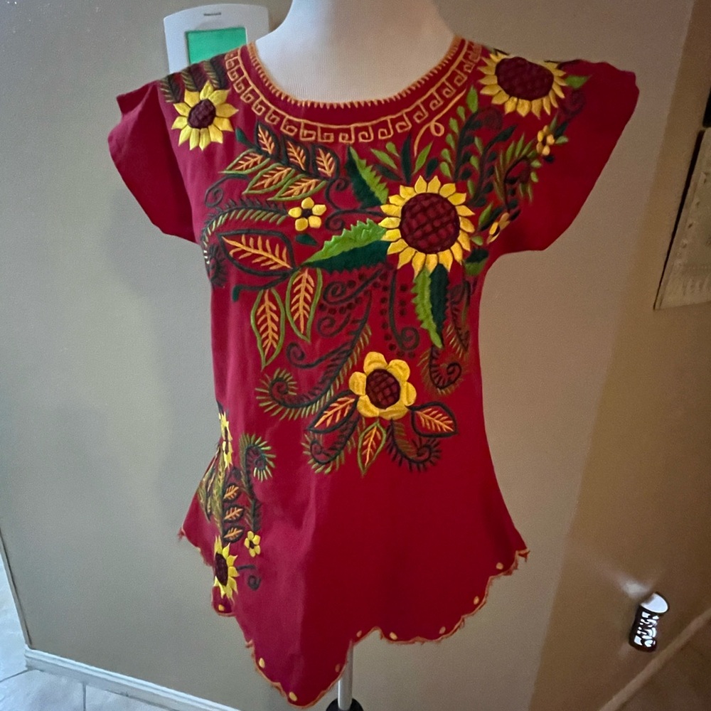 Floral Embroidered Red Women's Top